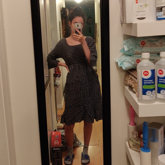 100% Linen Dress w Crew Neck, 3/4 Sleeves, Striped - Picture 2 of 7